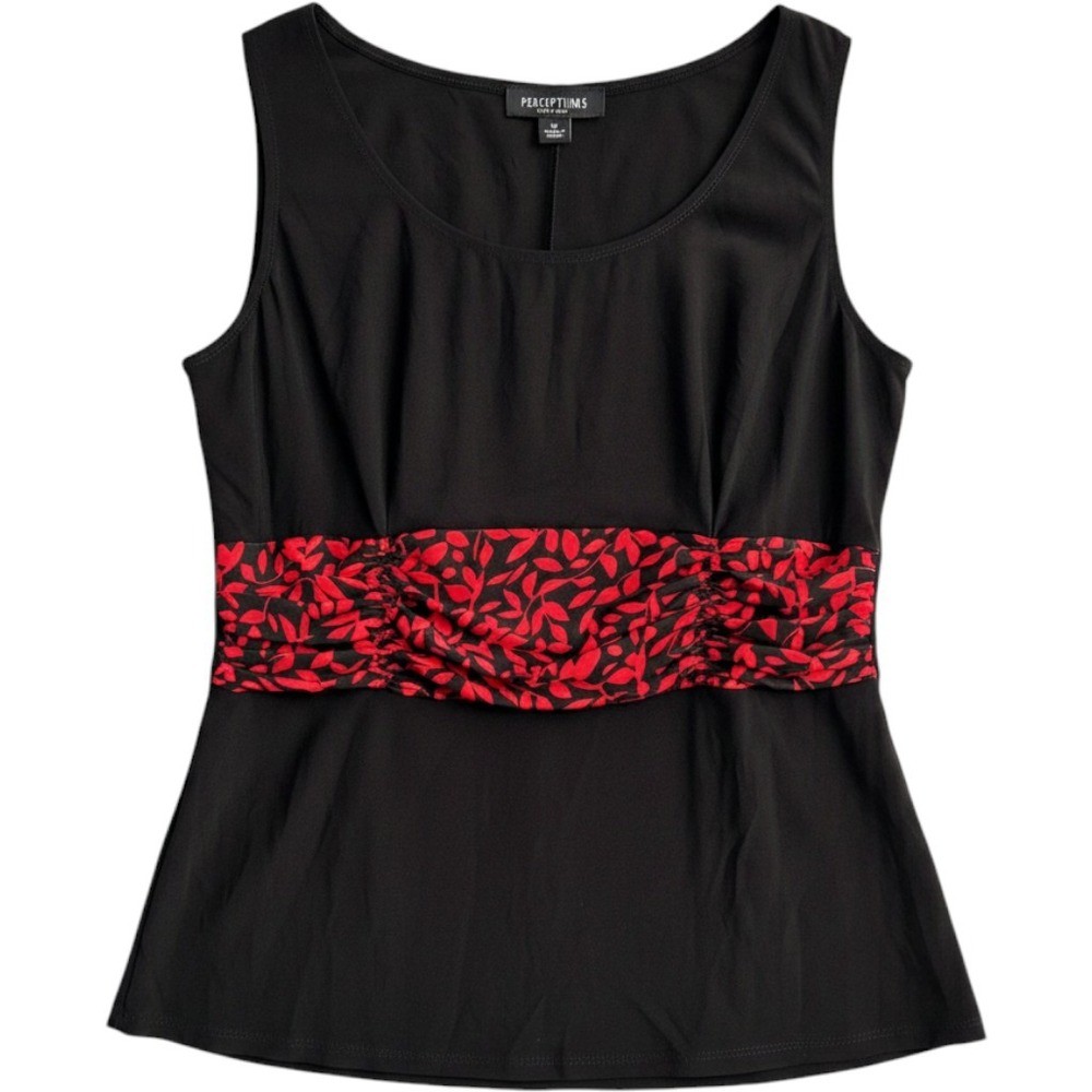 Perceptions Peplum Blouse Women 12 Black Red Leaf Empire Waist Sleeveless Top